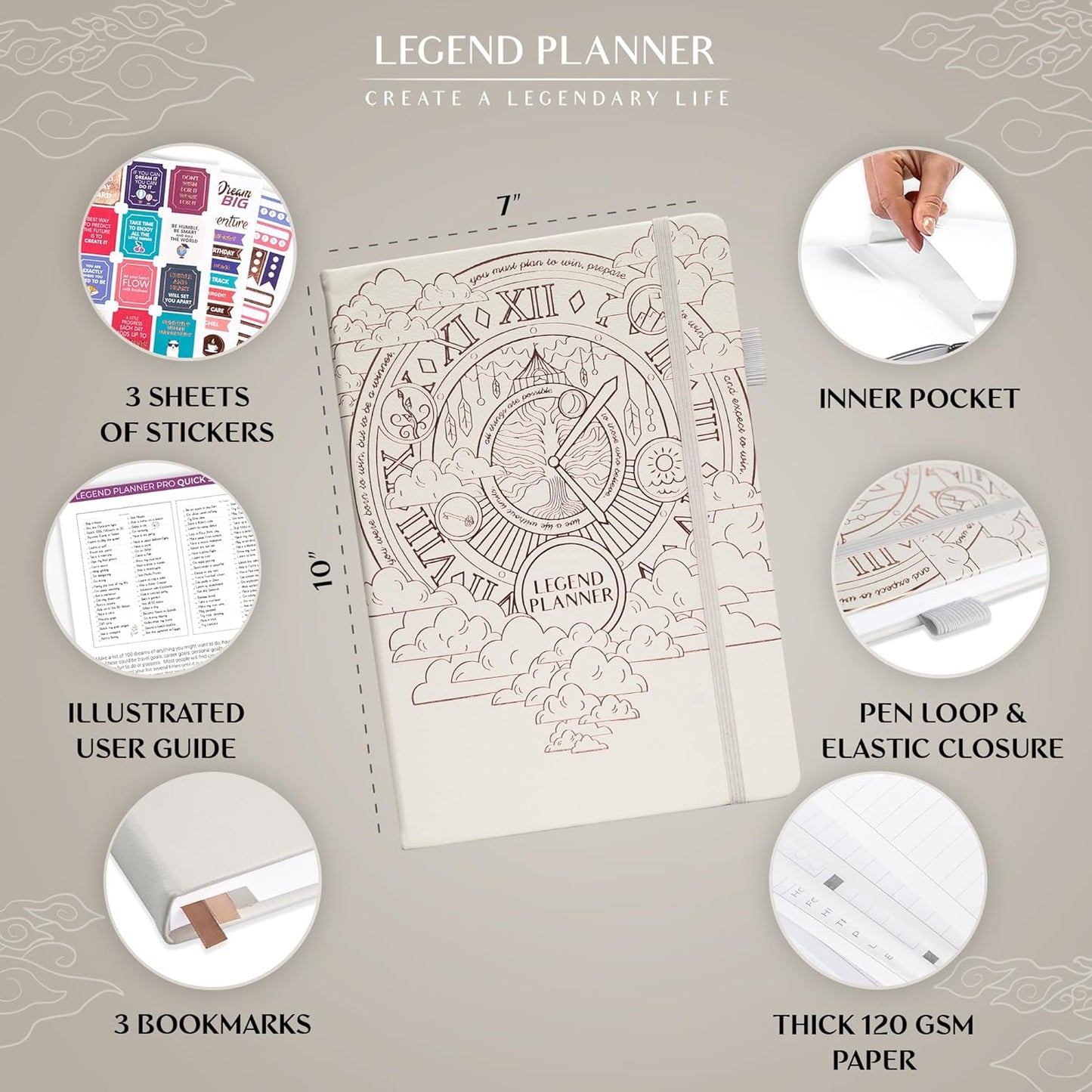 Legend Planner PRO – Deluxe Weekly & Monthly Life Planner to Increase Productivity and Hit Your Goals. Time Management Organizer Notebook – Undated – 7 x 10" Hardcover + Stickers – White