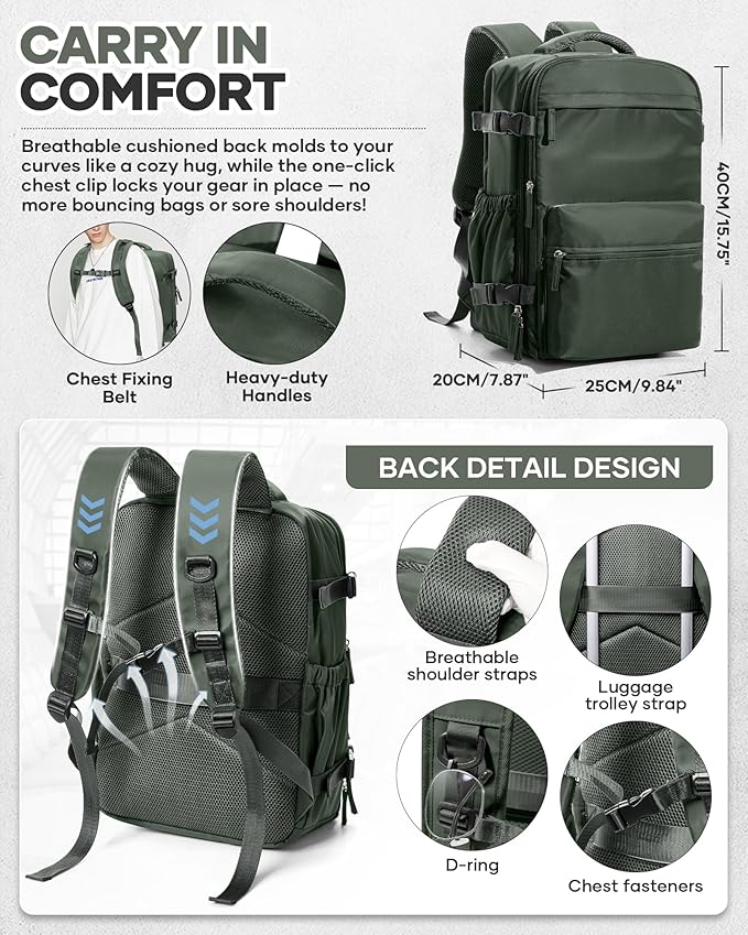 Vacuum Travel Backpack with Pump for Women,Personal Item Carry on Backpacks Flight Approved 18x14x8 inches for Men,Laptop Waterproof Work Compression bags Casual Daypack Green.