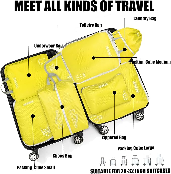 8 Set Expandable Compression Packing Cubes for Suitcases Travel Essentials Carry On Waterproof Storage Bag With Dry And Wet Separation Yellow