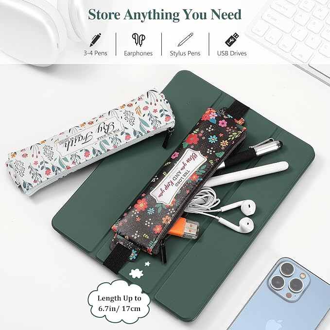 MoKo Elastic Pen Holder for Notebook, 4 Pieces PU Leather Pencil Case with Adjustable Band, Stationery School Supplies Zipper Bag for Planners, Journals, Book