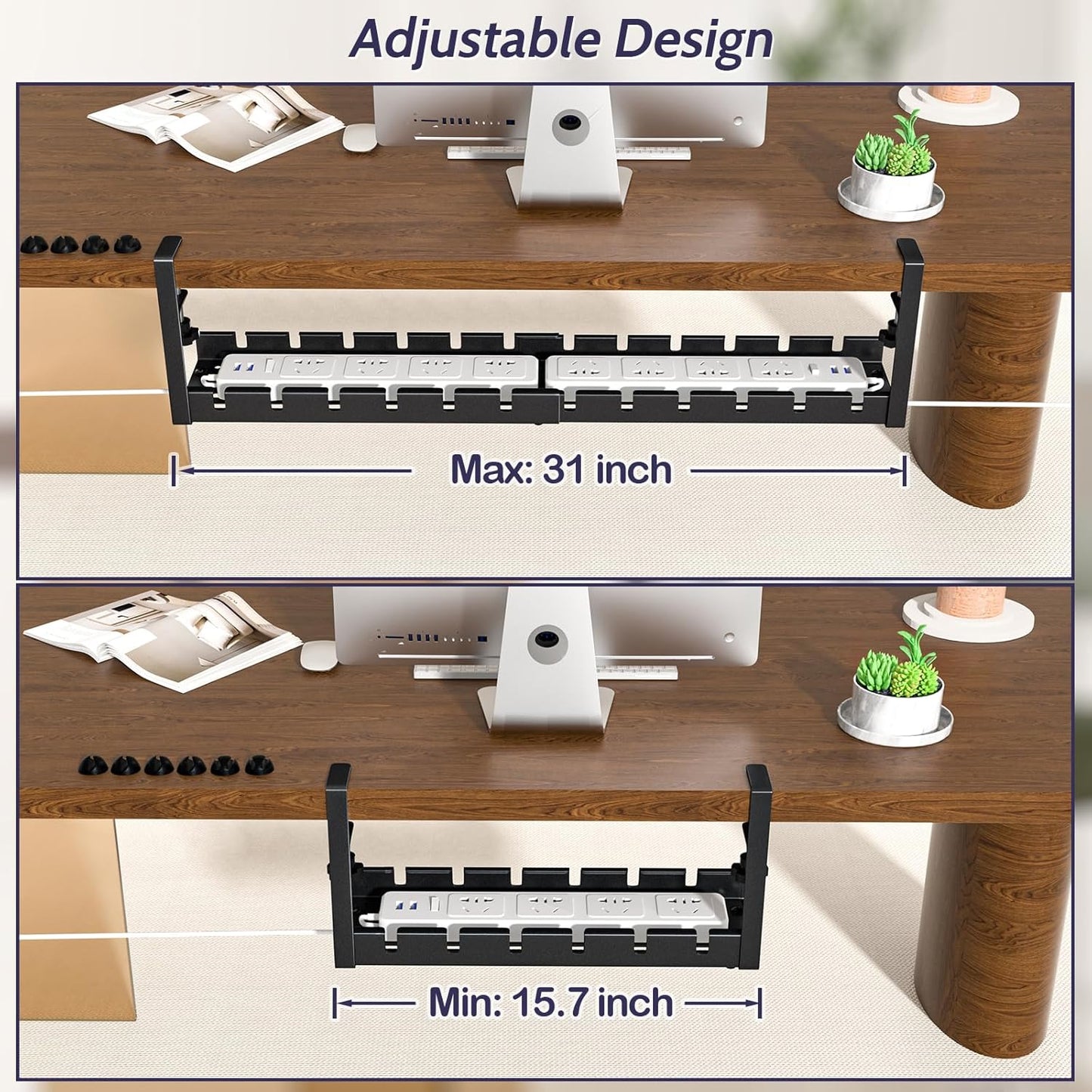 Shikha 2 Pack Cable Management Under Desk, 15.7"-31" Retractable Cable Management Tray, No Drilling Cord Organizer with Clamp for Desk, Under Table Wire Management Tray for Home Office