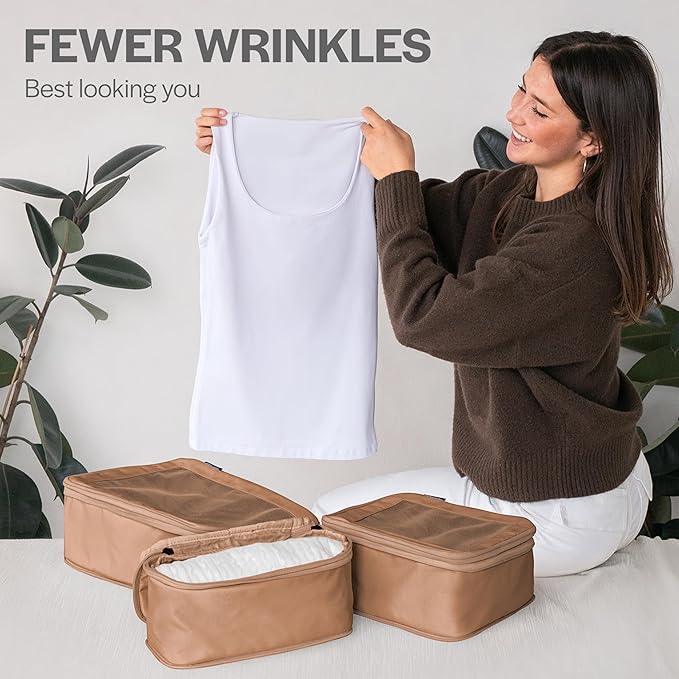 Compression Packing Cubes for Travel - Luggage Organizer Bags - Double Zipper Packing Cubes for Suitcases (6-Pack, Mocha)