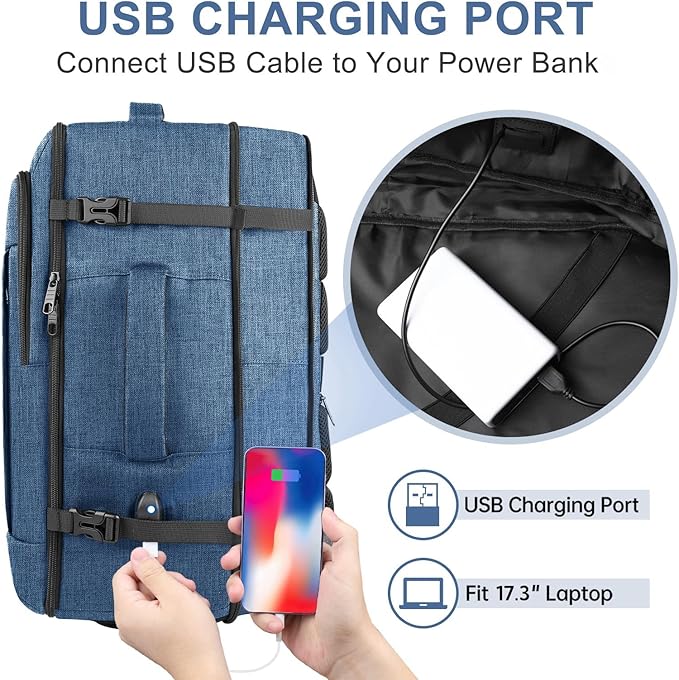 Carry On Backpack, Extra Large 50L Travel Backpack for Men & Women, Expandable Backpack For Airplanes, 17 Inch Laptop Backpack, Luggage Suitcase 40L Daypack Lightweight Business Weekender Bag, Blue