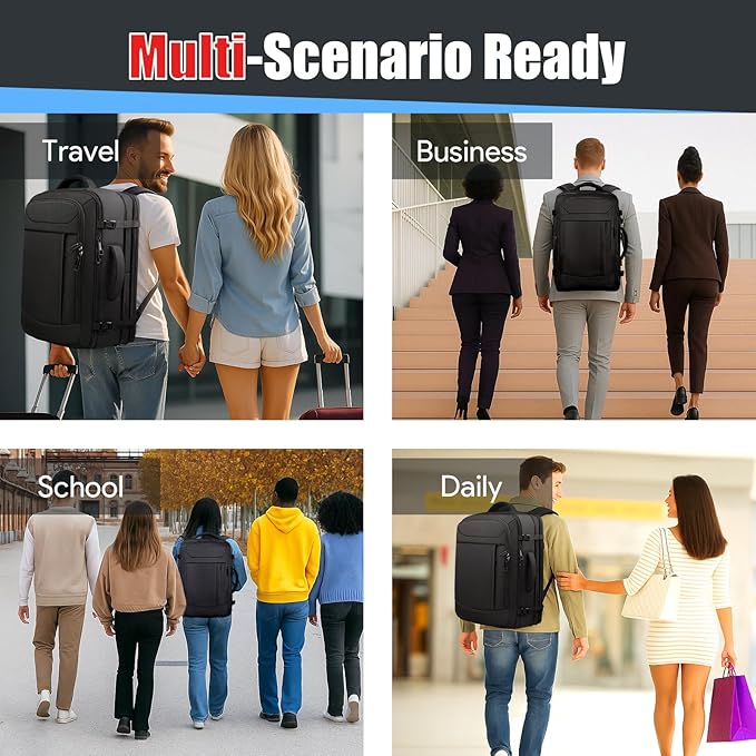 Travel Backpack, Expandable 50L Carry On Backpack, Extra Large Anti-Theft TSA Flight Approved Large Weekender Daypack Bag for Men and Women, Waterproof Pocket Lightweight Travel Gifts for Men, Black