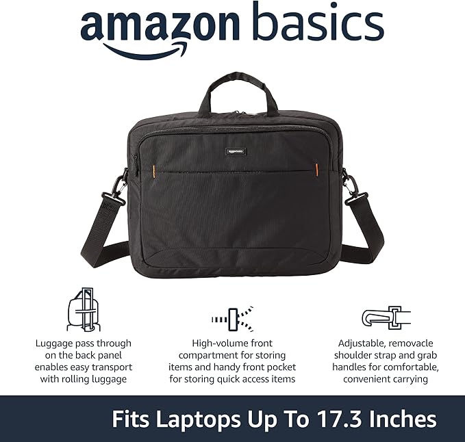 Amazon Basics 17.3-Inch Laptop Shoulder Bag, Fits Dell, HP, ASUS, Lenovo, MacBook Pro and more, Black