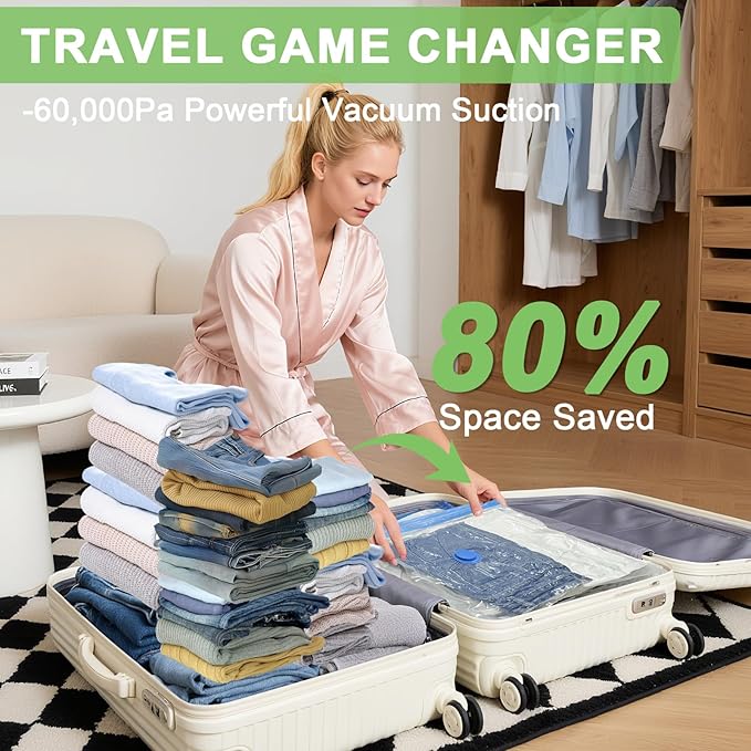 Mapambo Travel Game Changer- 9-Pack Travel Vacuum Bags with Smart-Stop Technology Pump, ≤60dB Silent Travel Essential, Travel Vacuum Bags for Luggage, Cruise Essentials