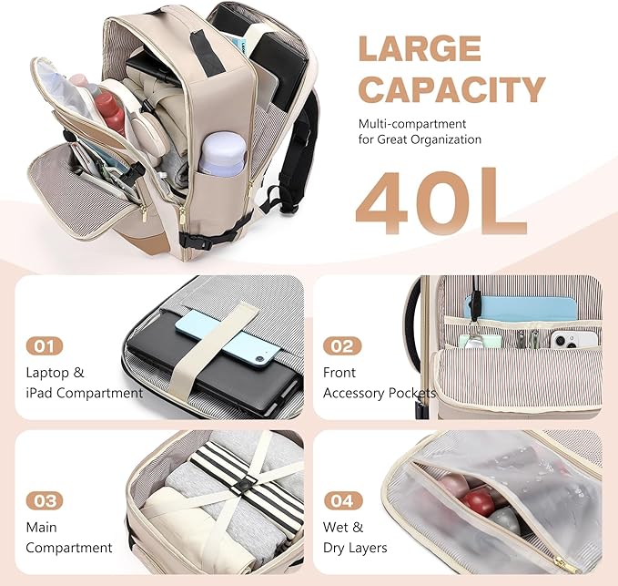 VNINE Travel Backpack for Women Men: 40L Large Carry on Backpack 17 Inch Laptop Backpack Flight Approved Business Work Bag Water Resistant Luggage Daypack Weekender Bag for College Hiking Overnight