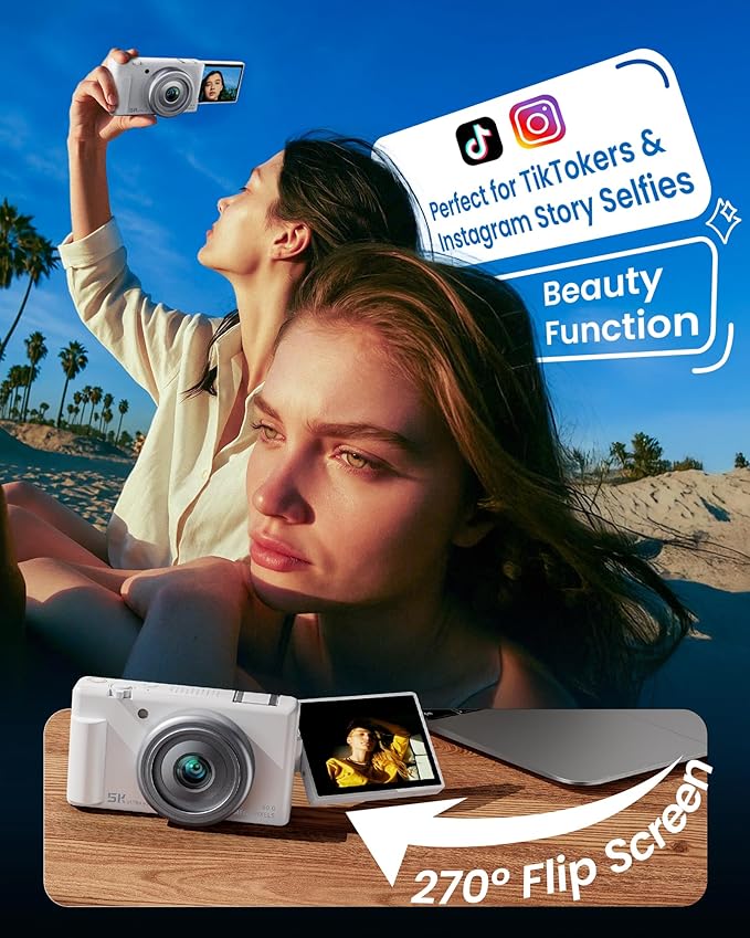 True 5K Digital Camera for Photography, Autofocus 80MP with 18X Digital Zoom 3" 270°Flip Screen Dual-Lens Selfie Camera for YouTube Vlogging & Content Creation, 2 Batteries, 32GB Card & Flash，White