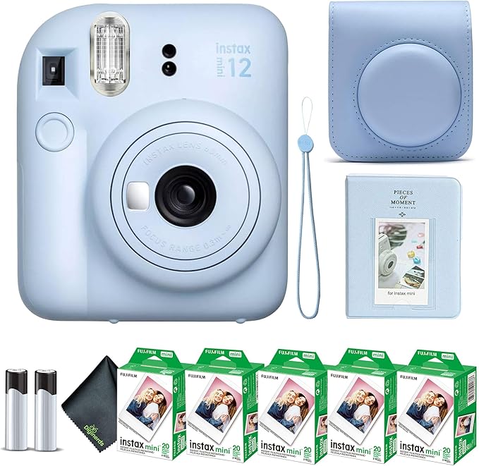 Fujifilm Instax Mini 12 Instant Camera Pastel Blue Bundle with Fuji Instax Mini Film Value Pack (100 Sheets) + Protective Carrying Case + Photo Album + Microfiber Cleaning Cloth