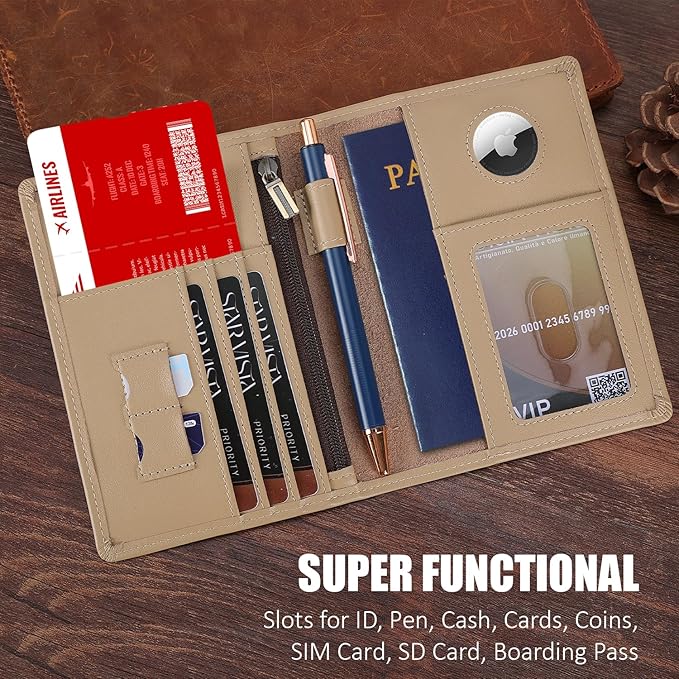 STAR VISTA Phoenix Leather Passport Holder, Calfskin Leather Travel Wallet, RFID Blocking, with ID Window, Zipper Pocket, Card Slots, AirTag Slot, Ivory