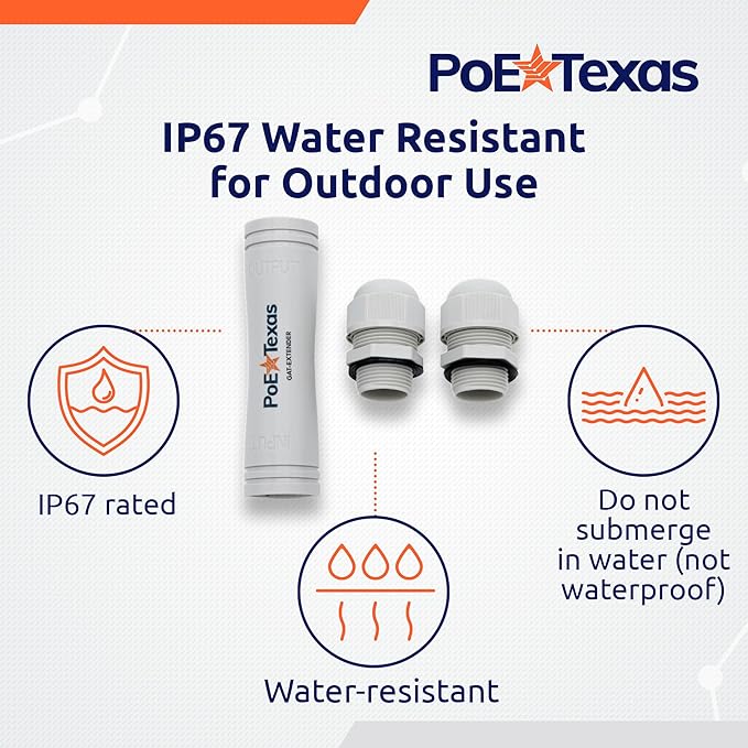 PoE Texas Outdoor PoE Repeater - Plug & Play IP67 Waterproof Extender Expands 22 Watts of Power & Gigabit Data up to 330' to High Powered Devices - Compatible with IEEE 802.3af/at Switch or Injector