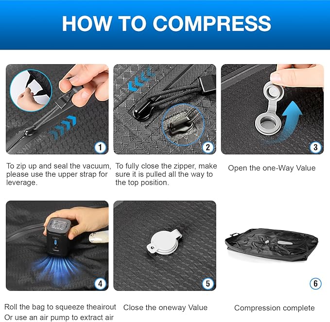 Vacuum Travel Bags with Pump Wireless, 2PC Reusable Compression Bags for Travel, Double Layer Travel Vacuum Bags for Luggage with IP67 Waterproof, Vacuum Seal bags for Clothing travel, 45L, 2PC+Pump