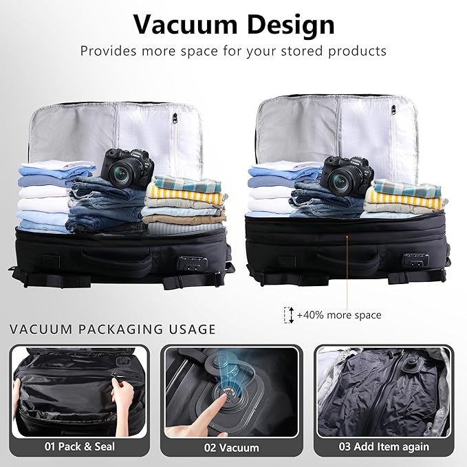 Vacuum Backpack Travel,80L Exapandable Air Compression System,Water Resistant & TSA Anti Theft,Strong Sealing,Available for boarding, Ideal for Travel/Laptop, Black(Vacuum Pump Included)
