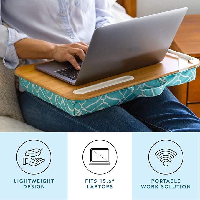 LAPGEAR Designer Lap Desk 2-Pack with Storage Basket, Phone Slot & Device Ledge – Aqua Trellis – Fits Laptops up to 15.6" – Style No. 70422