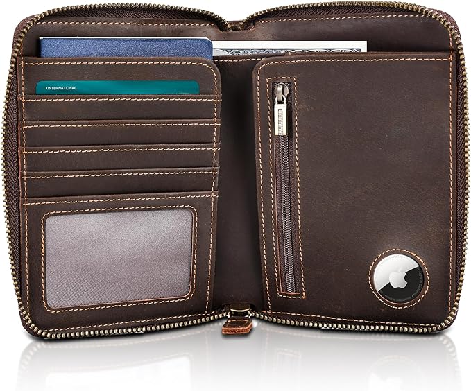 Polare Full Grain Leather Travel Passport Wallet with YKK Zipper and RFID Blocking Document Organizer Holder 2 Passports (Dark Brown with AirTag Slot)