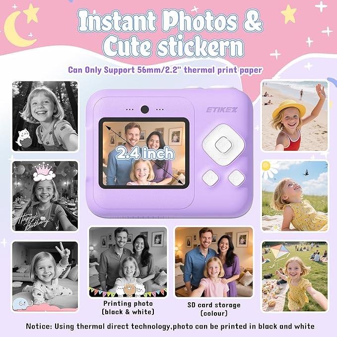 Instant Print Camera for Kids, HD Digital Camera, Christmas Birthday Gifts for 4 5 6 7 8 9 10 Year Old Girls Boys, Portable Toy Camera with 32GB SD Card & 3 Rolls Printing Paper, Violet