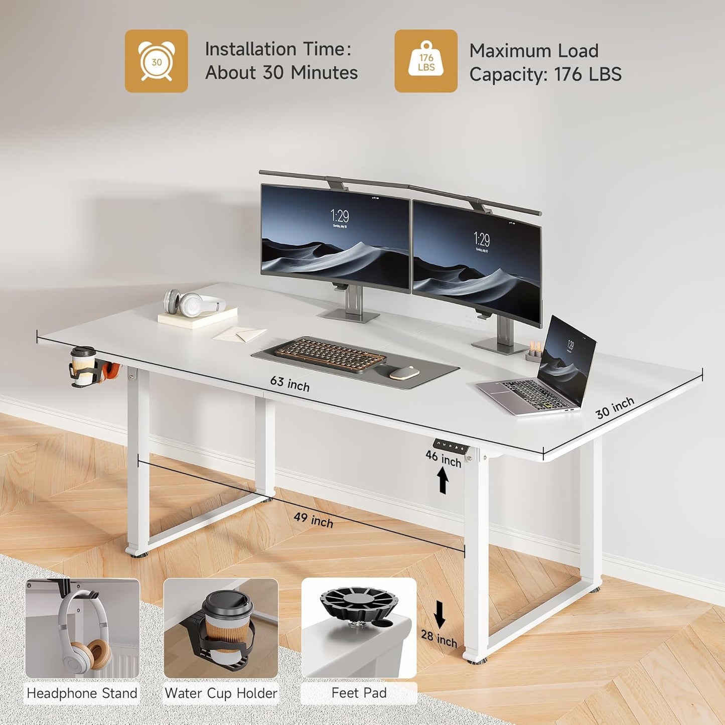 63x30 Inch Adjustable Standing Desk with 4 Legs, Stand up Desk Features a Spacious Rectangular Top, Dual-Motor Lift, and Memory Presets (28-46Inch) for Home Offices or Computer Workstations, White