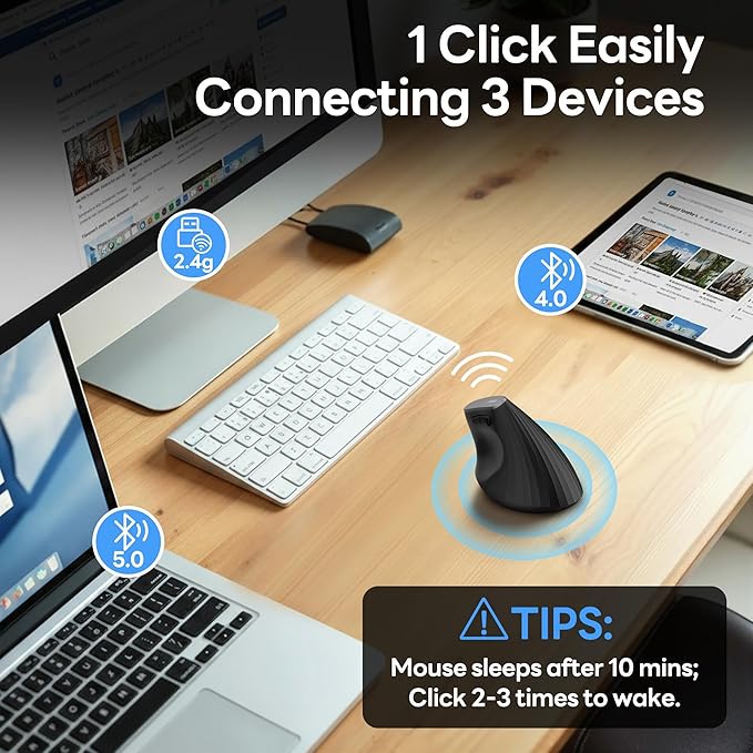 Uineer Ergonomic Wireless Mouse,Bluetooth Vertical Mouse with BT5.0/4.0/2.4G, Rechargeable with Battery Indicator,Ergonomic Design for Comfort and Reduced Wrist Strain for Home,Office Use,Black