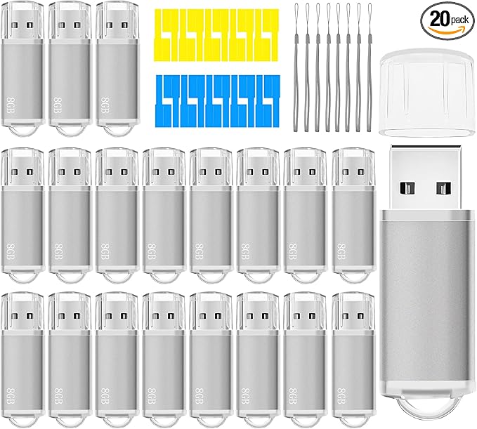 USB Thumb Drive 8GB Flash Drives 20 Pack, Nicepicten Memorias USB 2.0 Memory Stick FAT32 Flash Zip Drive 8 GB Jump Drives Multipack Pendrive with Landards and Lables (Sliver 8GB, 20 Pieces)