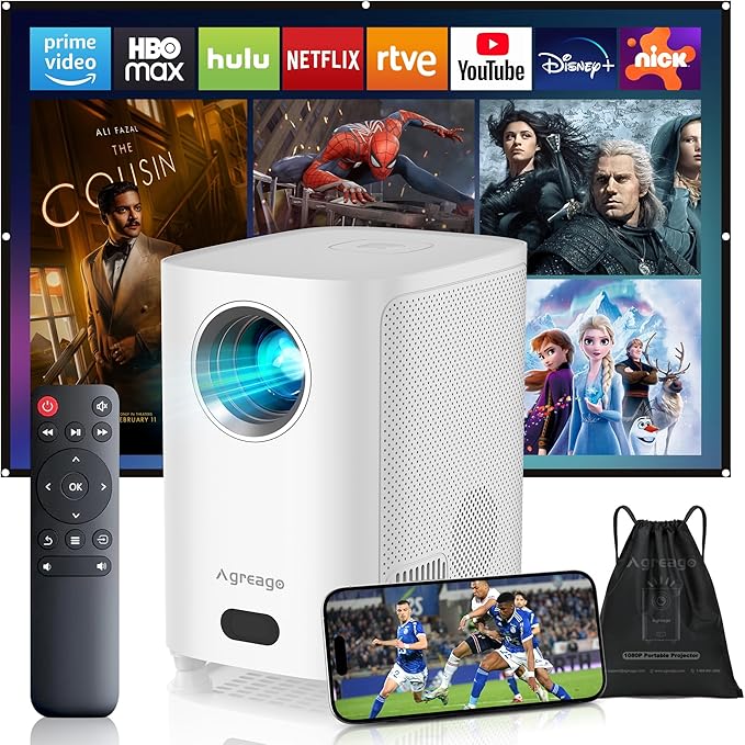 [Electric Focus] Projector with WiFi and Bluetooth, Native 1080P 15,000 Lumens 4K Supported, Agreago Outdoor Movie Projector for Home Theater UP to 300", for iOS/Android/TV Stick/HDMI/USB
