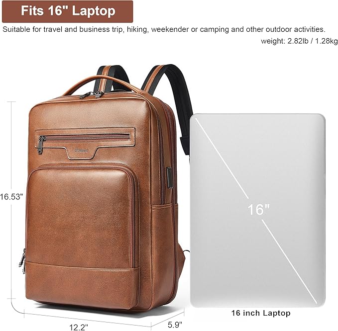 Shrrie Leather Laptop Backpack for Women and Men,28 L Travel Backpack Computer Bag Fits 16 inch Laptop,Expandable Casual Daypack with USB Port for Work Business Weekender College,Brown