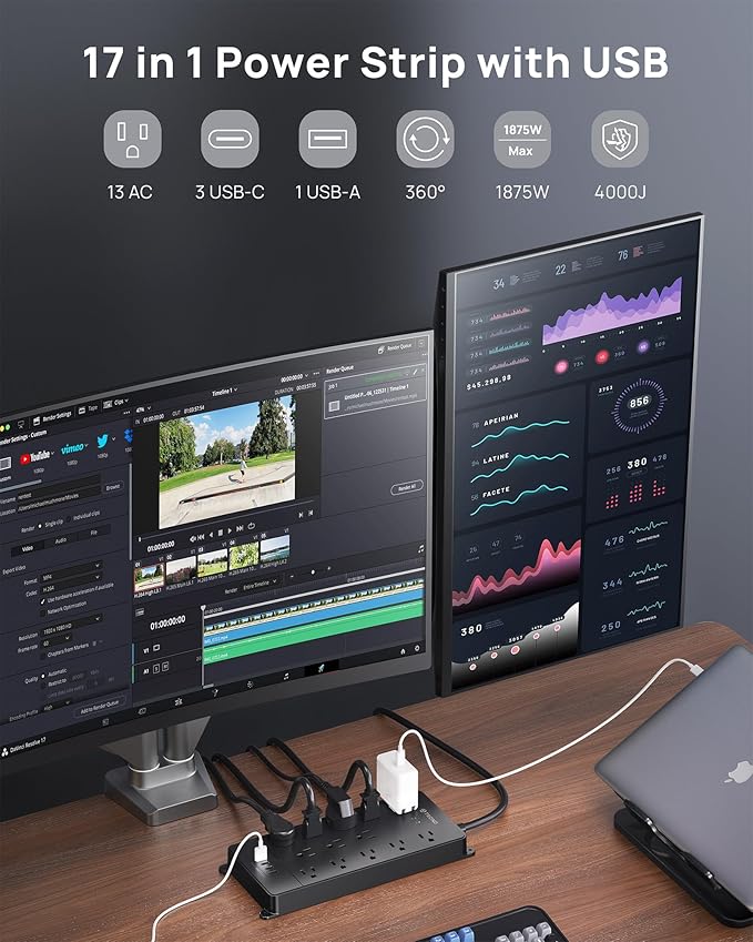 TROND 360° Rotating Flat Plug, Surge Protector Power Strip, 13AC Widely Spaced Outlets Expansion with 3 USB C Ports, 4000J, 15ft Extension Cord Heavy Duty, Wall Mount, Under Desk, ETL Listed, Black