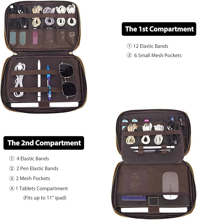 LANNSYNE Full Grain Leather Electronic Organizer Accessory Travel Tech Pouch, Cable Accessories Bag, Storage Carry Case for Charger, Phone, Power Bank, Cables