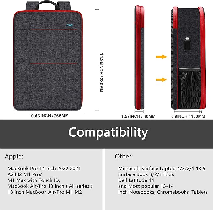 ZINZ Slim & Expandable Laptop Backpack Water Resistant Travel Backpack Compatible with MacBook Air/Pro 13-14 inch XPS 13 Surface 13.5" and Most 13-14 inch NoteBooks,B01RD01