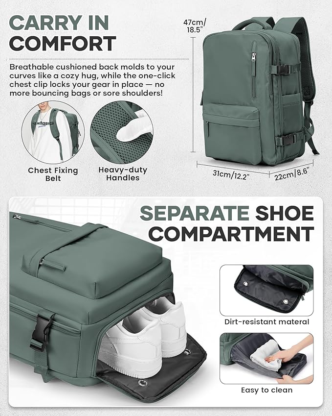 Vacuum Travel Backpack with Pump for Women, Personal Item Carry on Backpacks Flight Approved 18x14x8 inches for Men,Laptop Waterproof Work Compression bags Casual Daypack. (Green)