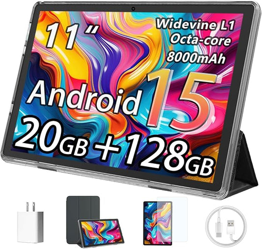 Tablet, 11-inch Android 15 tablets, 20GB+128GB+1TB expansion, Octa-core, 8000mAh large-capacity battery, 5G/2.4G WiFi6, GPS, Bluetooth 5.0, 5MP + 8MP dual cameras, Widevine L1, protective case - Black