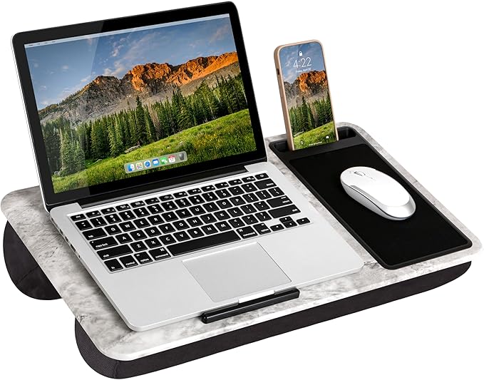 LAPGEAR Home Office Lap Desk with Device Ledge, Mouse Pad, and Phone Holder - White Marble - Fits Up To 15.6 Inch Laptops - Style No. 91501
