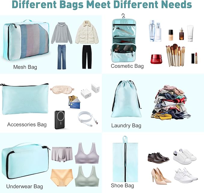 8-Piece Packing Cubes for Travel, Mesh Luggage Organizers with Shoe Bag, Toiletry Bag, Laundry Pouches, 4 Sizes (XL/L/M/S) for Suitcase Organization, Men Women Kids, Lake Blue