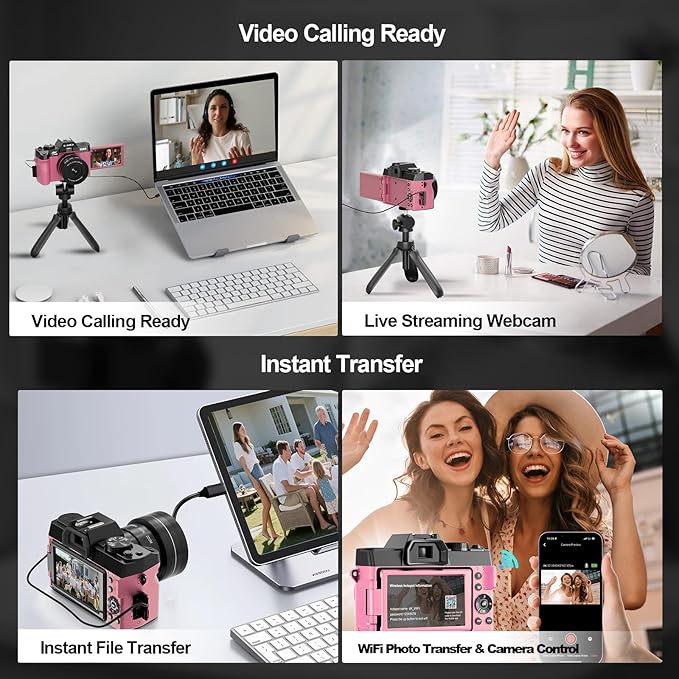 Digital Cameras for Photography with WiFi&App Control, Ture 4K&48MP Vlogging Camera for YouTube,Compact,16X Zoom Autofocus, Anti-Shake for Entry-Level User, Beginners, Macro&Wide Lens-32GB Card (Pink)
