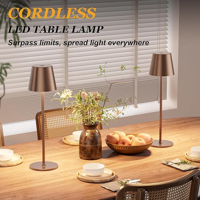 Cordless Table Lamp Rechargeable Brown - KK 2 Pack 5000mAH Battery Operated Lamp for Counter, 3 Color Stepless Dimming Wireless Lamp for Dining Table, Kitchen Counter, Outdoor Patio, Touch Control