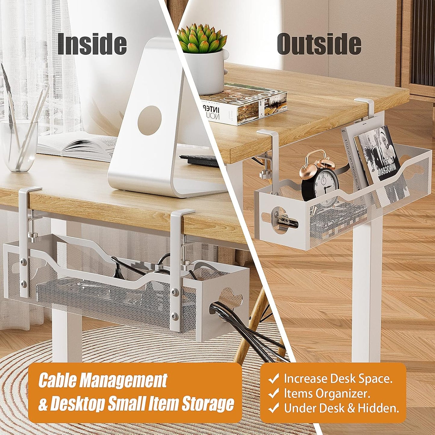 Under Desk Cable Management Tray 15.95", Quszmd Cable Organizer No Drill, Standing Cord Organizer and Wire Management Tray - No Damage to Desk, White