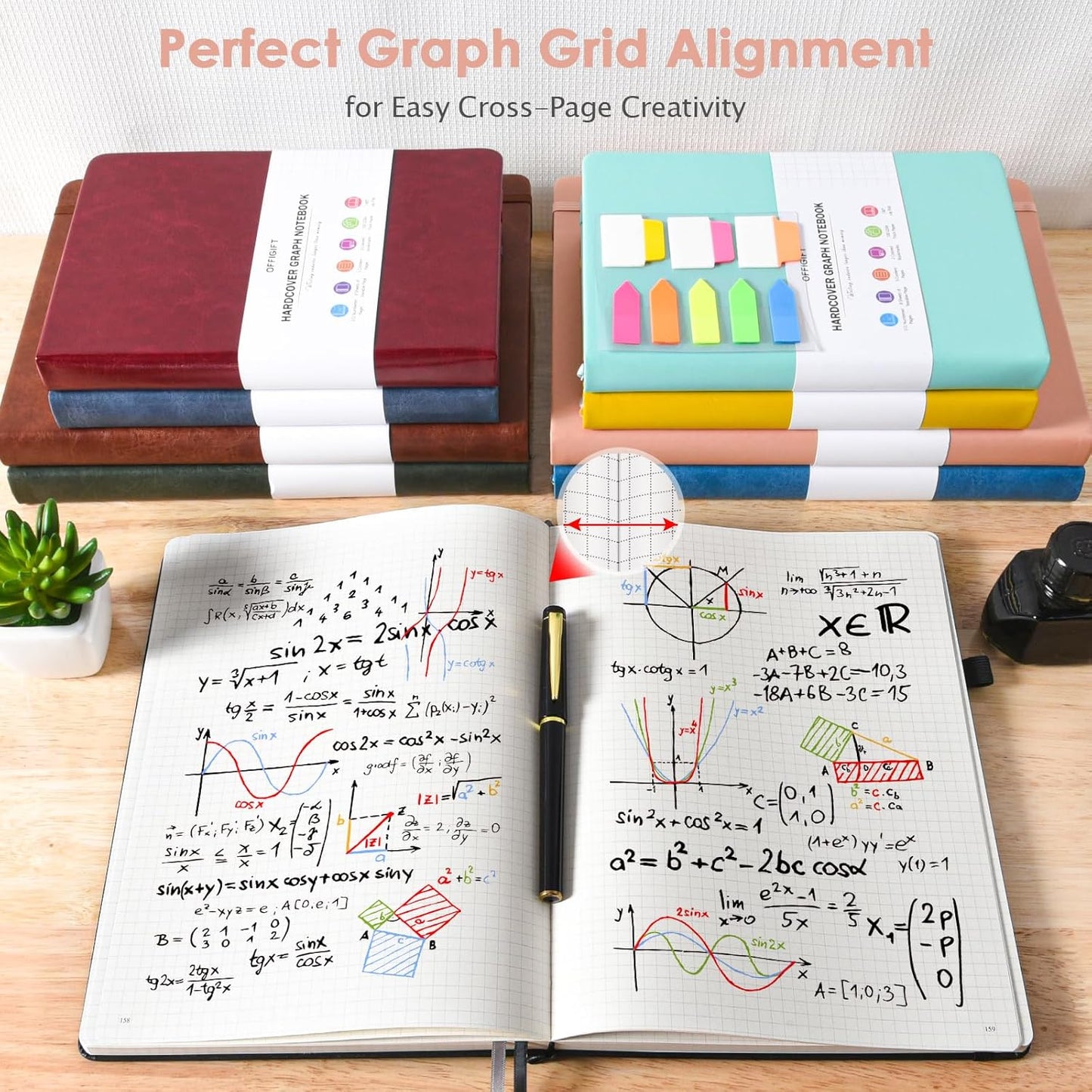 Graph Paper Notebook, 312 Numbered Pages B5 Hardcover Leather Journal, 100gsm No Bleed Grid Paper Notebook with Index Pages, Grid Notebook for Graphing Notes Math, 7.6'' X 10'', Pink