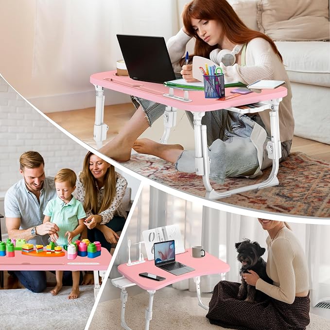 Lap Desk for Bed Adjustable Height, Foldable Bed Table with Storage Drawer, Tablet Slot & Cup Holder, Portable Laptop Stand for Bed & Sofa, Bed Desk for Adults & Kids, Pink