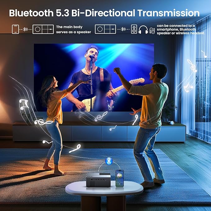 Projector with WiFi6 and Bluetooth5.3 - [High Brightness/Electric Focus]Outdoor Movie Projector and Screen,YOWHICK Portable Smart Home Projector 1080P 4K Supported for Movie Night/Home Theater/Bedroom