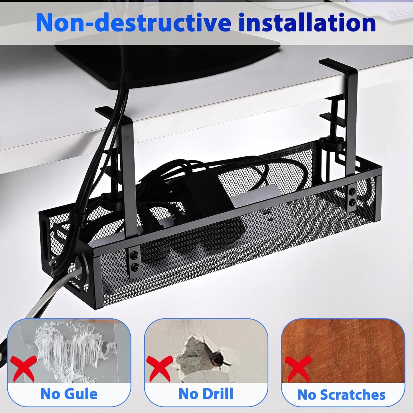 Under Desk Cable Management Tray with No Drill Installation, Power Strip Holder & Wire Organizer Storage Rack for Desk, Office, Home (L-Black)