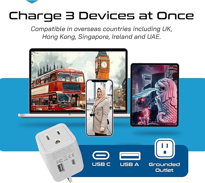 Ceptics UK adapters for travel to London, Hong Kong, Ireland - USB-A + USB-C & USA Input - Type G Adapter Grounded - Ideal for Phone, Laptop, Cameras