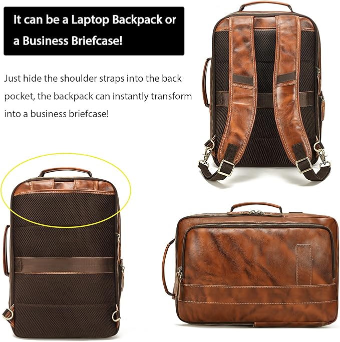 LANNSYNE Vegetable Tanned Leather Backpack for men, Expandable Leather Backpack Fits 15.6 Laptop, Tote Shoulder Travel Bag Rucksack