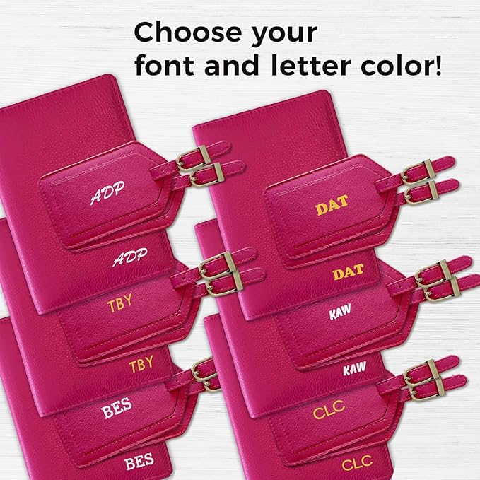 Personalized Monogrammed Bright Pink Leather RFID Passport Wallet and 2 Luggage Tags