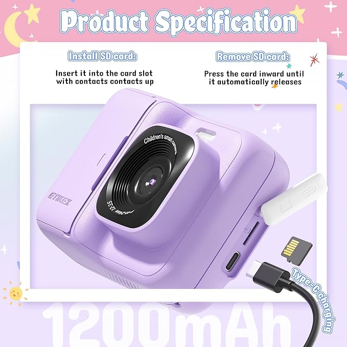 Instant Print Camera for Kids, HD Digital Camera, Christmas Birthday Gifts for 4 5 6 7 8 9 10 Year Old Girls Boys, Portable Toy Camera with 32GB SD Card & 3 Rolls Printing Paper, Violet