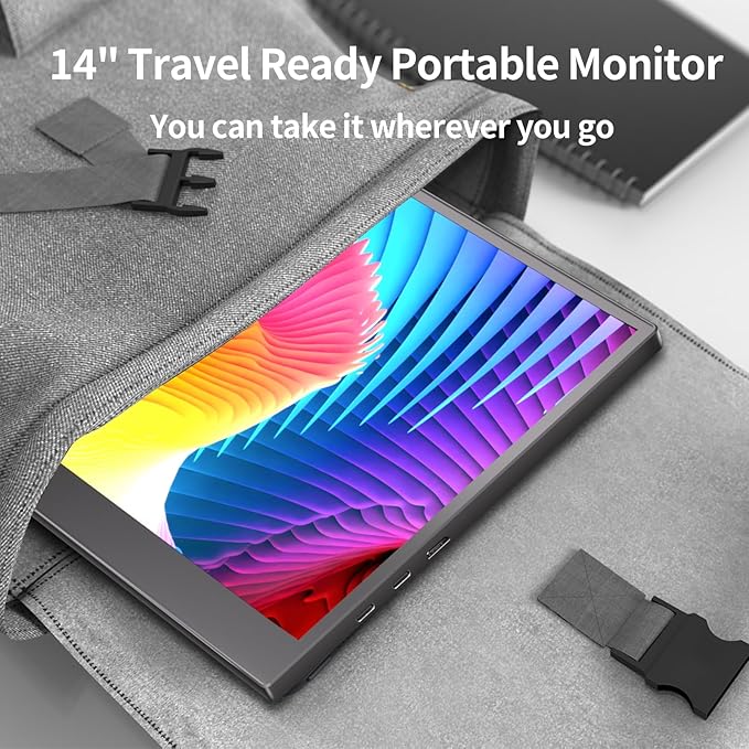 Portable Monitor, 14" HDMI USB-C IPS External Screen, Built-in Dual Speakers Gaming for Laptop PC Display with Stand, Plug & Play,Lightweight Small Monitor for On-The-Go Use,Black
