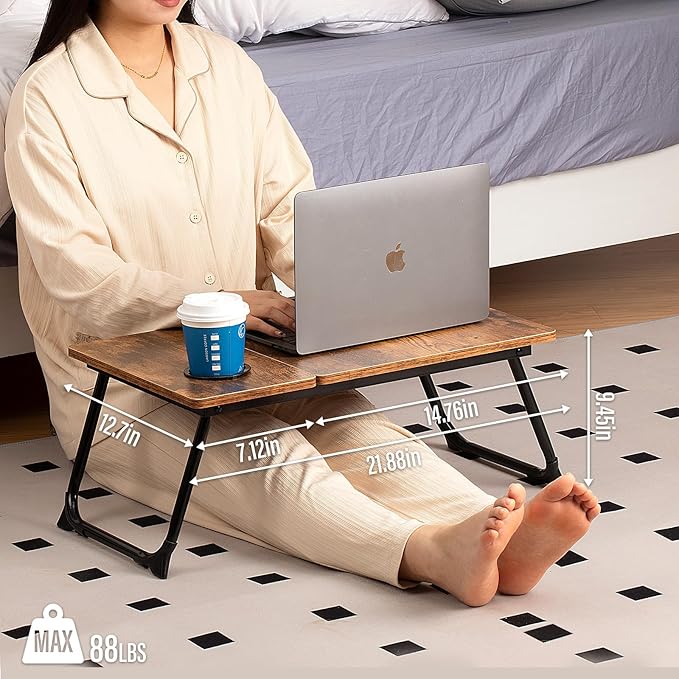 Laptop Desk for Bed Couch, Adjustable Foldable Bed Table with Cup Holder, Breakfast Serving Tray, Portable Laptop Lap Desk Stand for Working Reading Writing Eating Gaming in Bed Sofa Floor(RetroBrown)