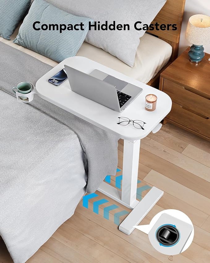 HUANUO Bedside Table with Wheels, Height-Adjustable Rolling Computer Cart, Overbed Table with Cup Holder, Pneumatic Laptop Standing Desk for Home Office, White (27.6" x 15.7")