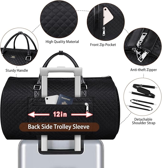 4pcs Convertible Garment Duffel Bag for Travel - 50L 2-in-1 Carry On Weekender Overnight Bag with Toiletry Bag, Fits Suits & Dresses, Trolley Sleeve, Hanging Suit Compartment, Waterproof Shoe Pocket