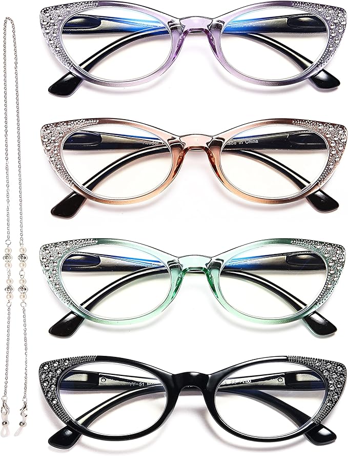 EYEURL Cat Eye Reading Glasses for Women - Blue Light Blocking 4 Pack Ladies Fashion Readers with Flexible Spring Hinges, Anti-Glare&UV Rays +0.75 Eyeglasses, Black/Brown/Green/Purple