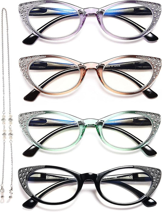 EYEURL Cat Eye Reading Glasses for Women - Blue Light Blocking 4 Pack Ladies Fashion Readers with Flexible Spring Hinges, Anti-Glare&UV Rays +0 Eyeglasses, Black/Brown/Green/Purple