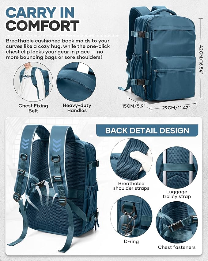 Vacuum Travel Backpack with Pump for Women,Personal Item Carry on Backpacks Flight Approved 18x14x8 inches for Men,Laptop Waterproof Work Compression bags Casual Daypack Blue